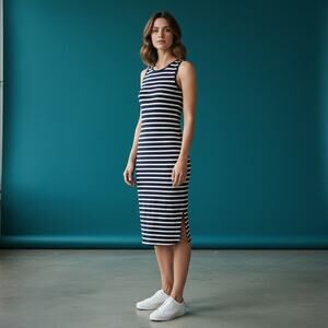 Tahari Striped midi shift dress white navy stripe Sleeveless tank-style bodycon